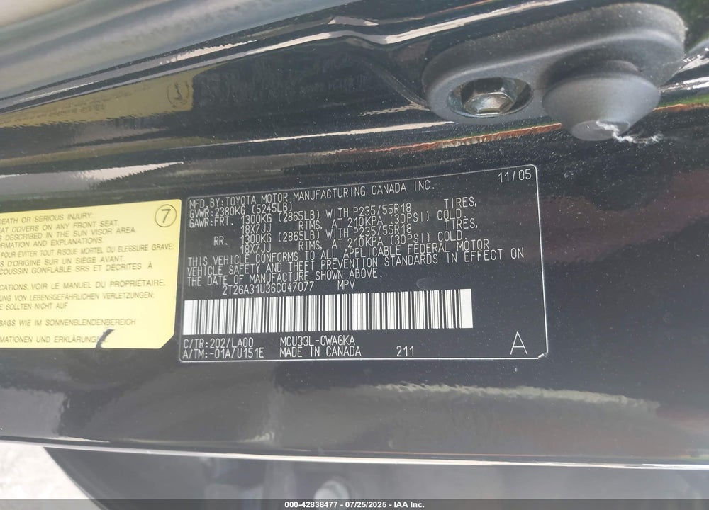 2006 LEXUS RX 330 VIN: 2T2GA31U36C047077