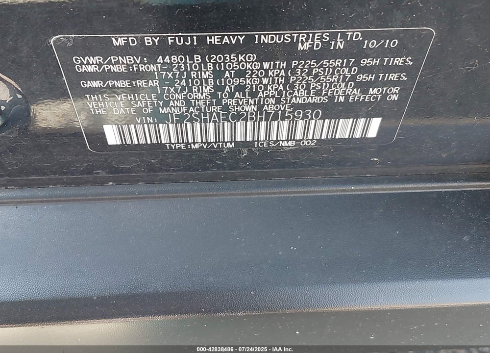 2011 SUBARU FORESTER VIN: JF2SHAEC2BH715930