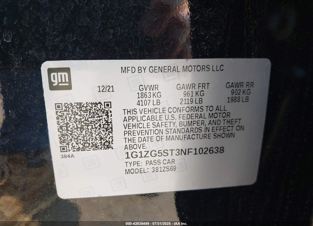 2022 CHEVROLET MALIBU FWD RS VIN: 1G1ZG5ST3NF102638