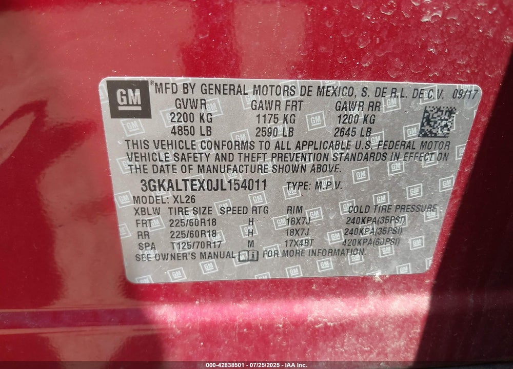 2018 GMC TERRAIN VIN: 3GKALTEX0JL154011