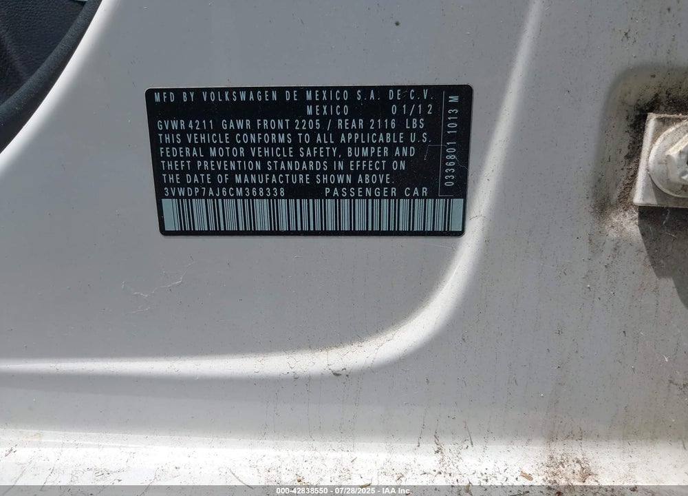 2012 VOLKSWAGEN JETTA VIN: 3VWDP7AJ6CM368338