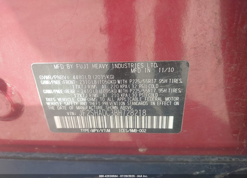 2011 SUBARU FORESTER VIN: JF2SHADC3BH728218