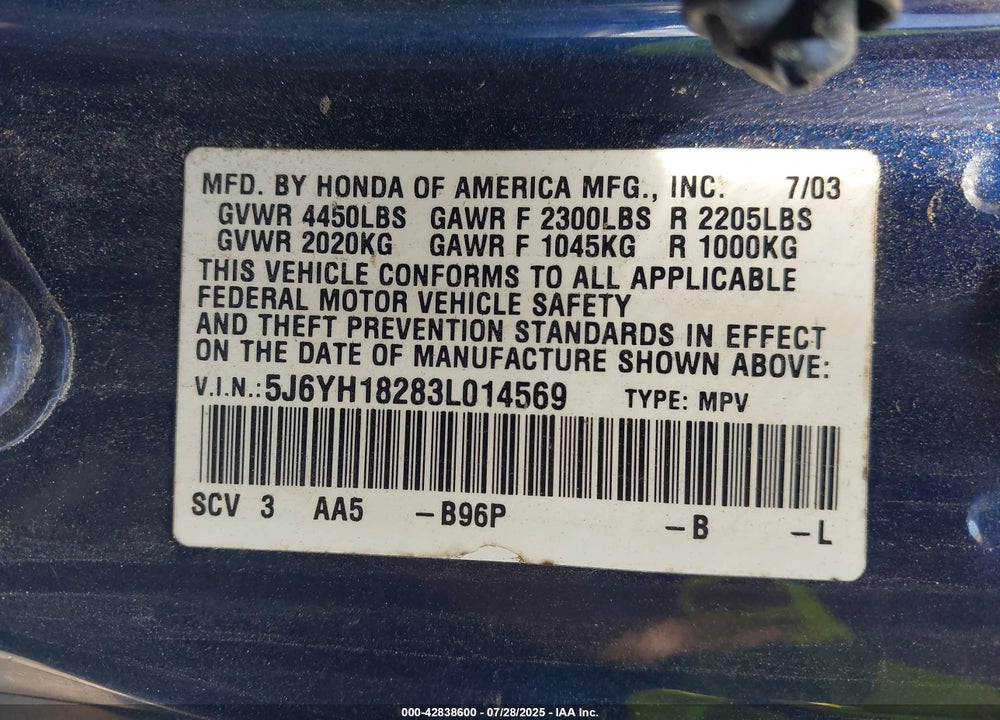 2003 HONDA ELEMENT DX VIN: 5J6YH18283L014569