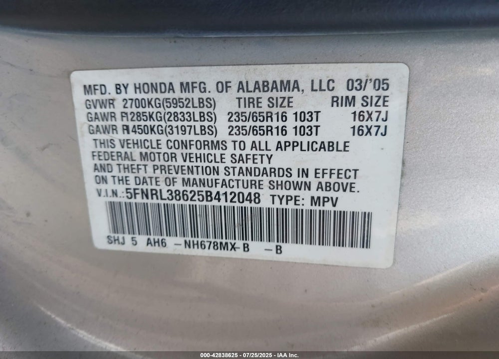 2005 HONDA ODYSSEY EX-L VIN: 5FNRL38625B412048