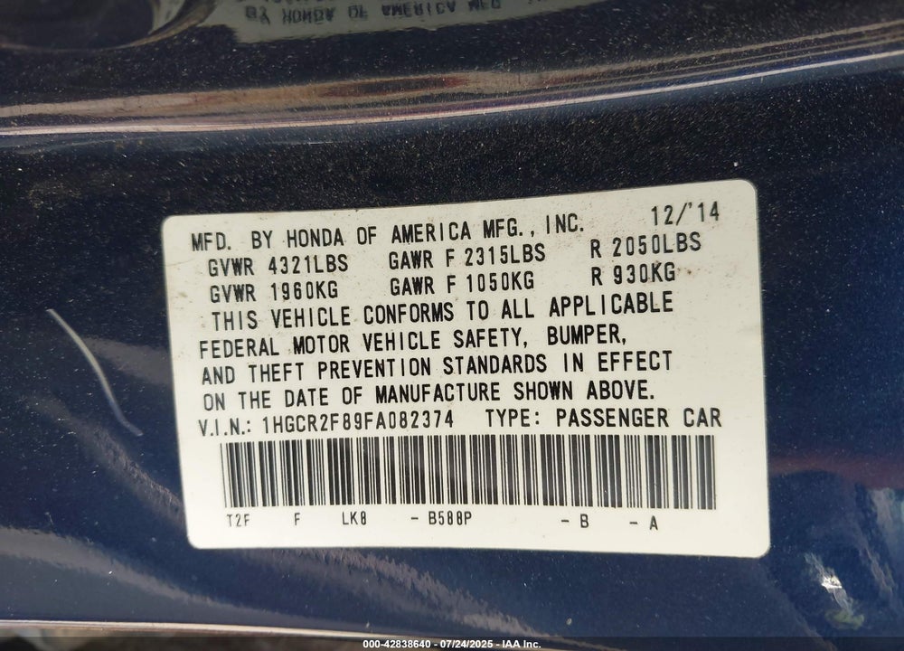 2015 HONDA ACCORD VIN: 1HGCR2F89FA082374