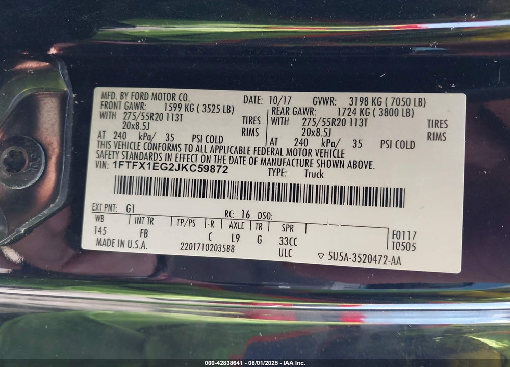 2018 FORD F-150 VIN: 1FTFX1EG2JKC59872