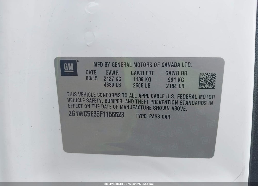 2015 CHEVROLET IMPALA LIMITED VIN: 2G1WC5E35F1155523