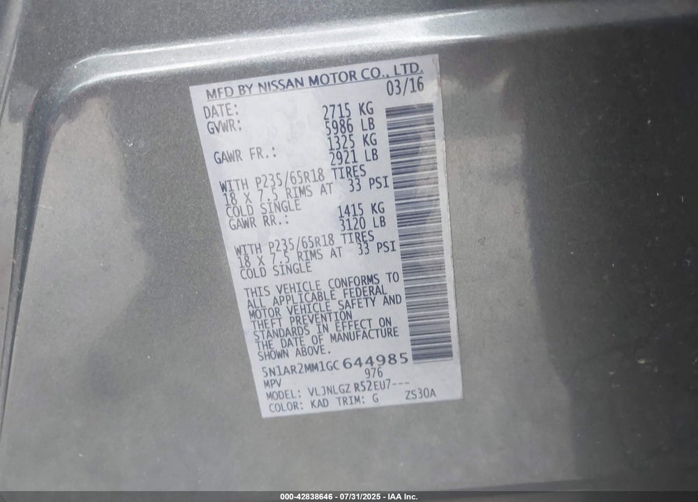 2016 NISSAN PATHFINDER VIN: 5N1AR2MM1GC644985