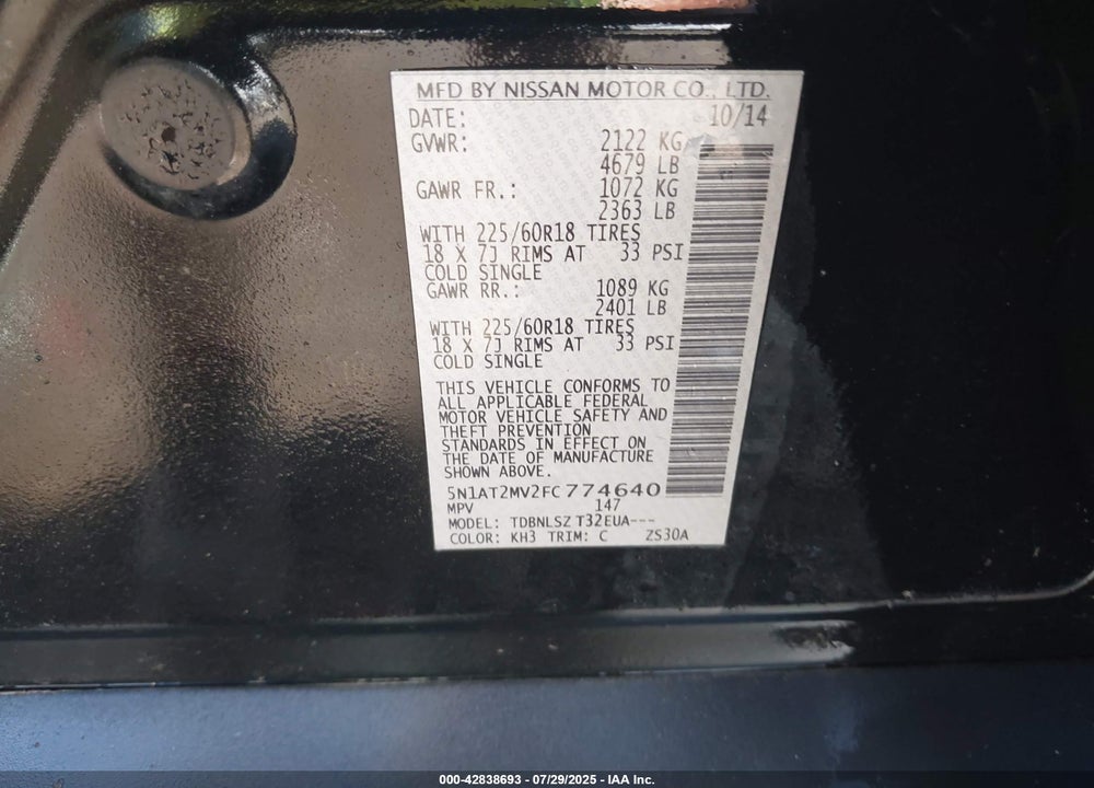 2015 NISSAN ROGUE VIN: 5N1AT2MV2FC774640