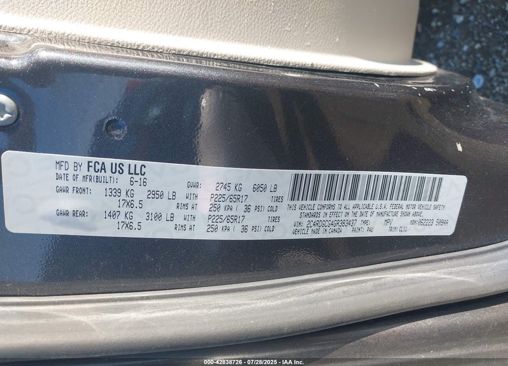 2016 DODGE GRAND CARAVAN VIN: 2C4RDGCG4GR383437