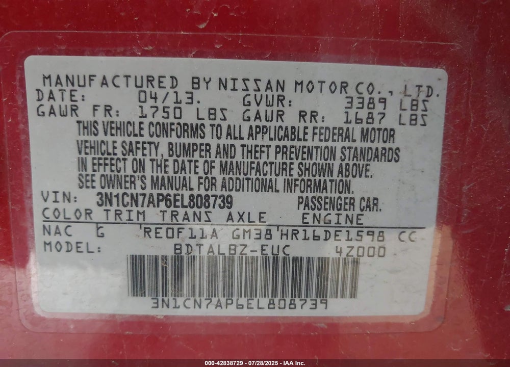 2014 NISSAN VERSA VIN: 3N1CN7AP6EL808739