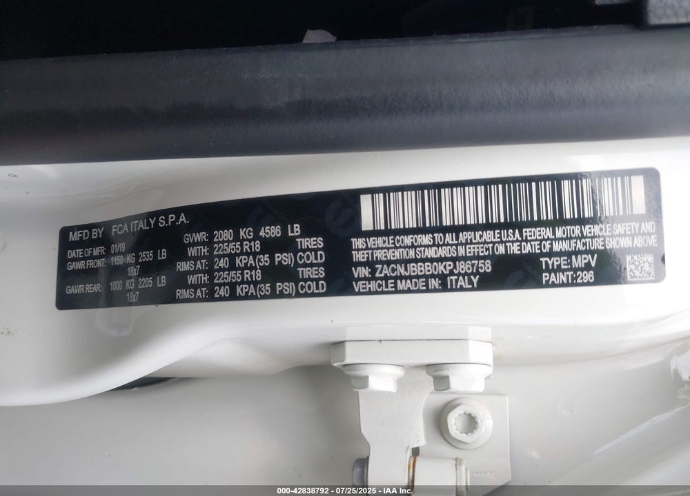 2019 JEEP RENEGADE VIN: ZACNJBBB0KPJ86758