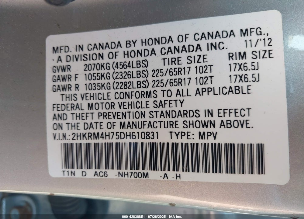 2013 HONDA CR-V VIN: 2HKRM4H75DH610831