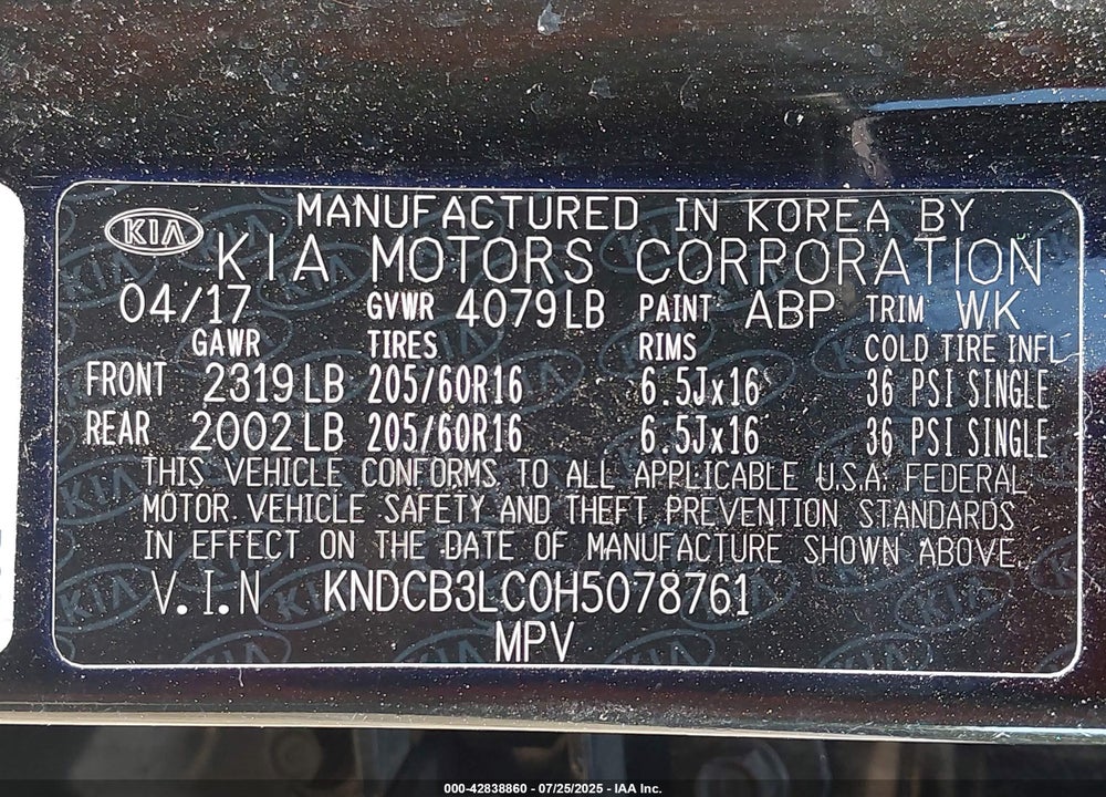 2017 KIA NIRO VIN: KNDCB3LC0H5078761
