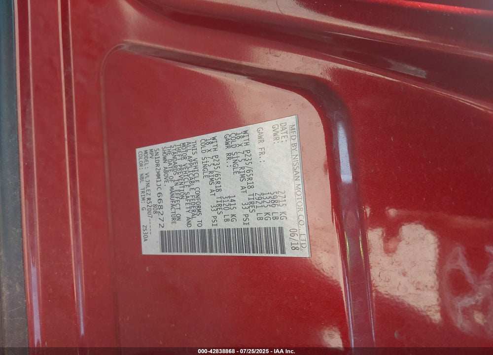 2018 NISSAN PATHFINDER VIN: 5N1DR2MM1JC668272