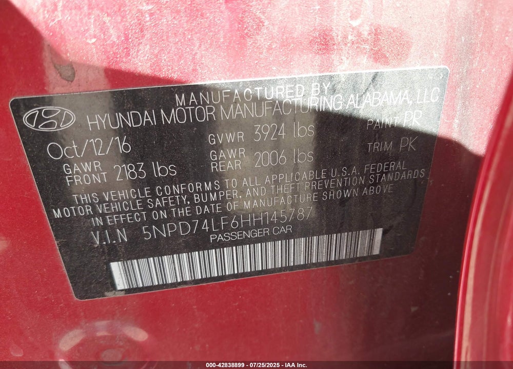 2017 HYUNDAI ELANTRA VIN: 5NPD74LF6HH145787