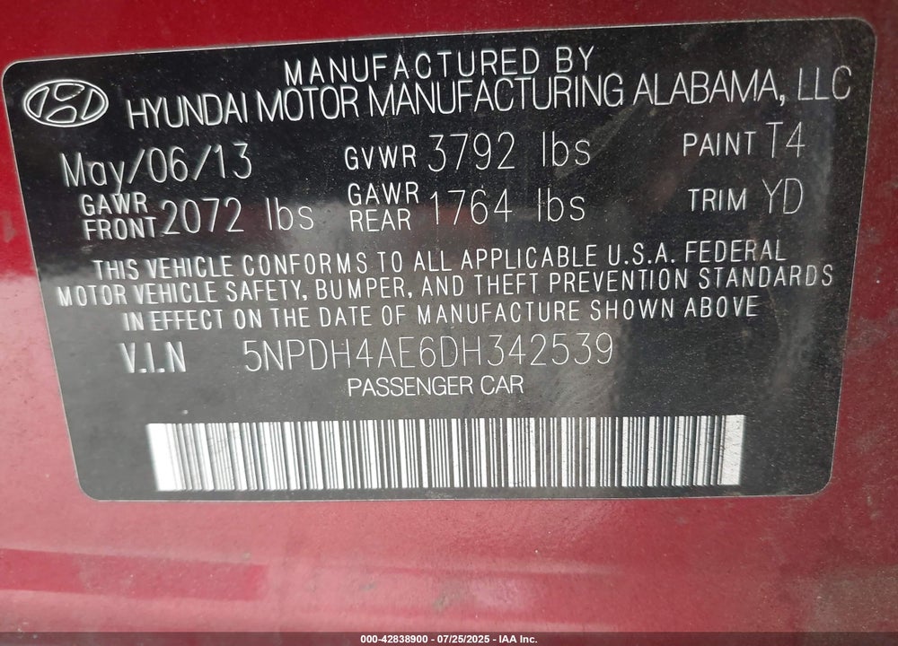 2013 HYUNDAI ELANTRA VIN: 5NPDH4AE6DH342539