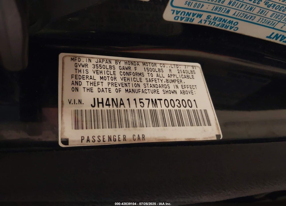 1991 ACURA NSX VIN: JH4NA1157MT003001