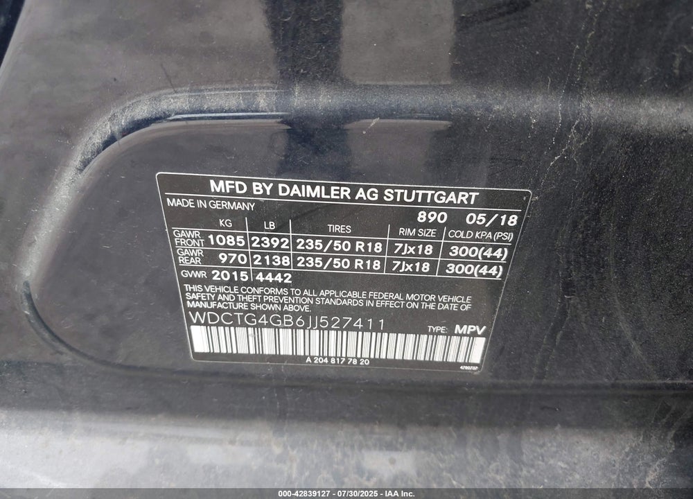 2018 MERCEDES-BENZ GLA-CLASS VIN: WDCTG4GB6JJ527411