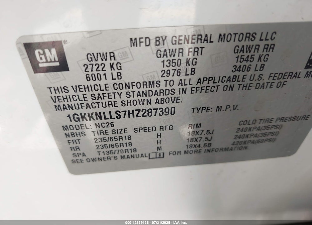 2017 GMC ACADIA VIN: 1GKKNLLS7HZ287390