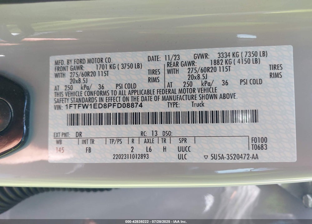 2023 FORD F-150 VIN: 1FTFW1ED8PFD08874