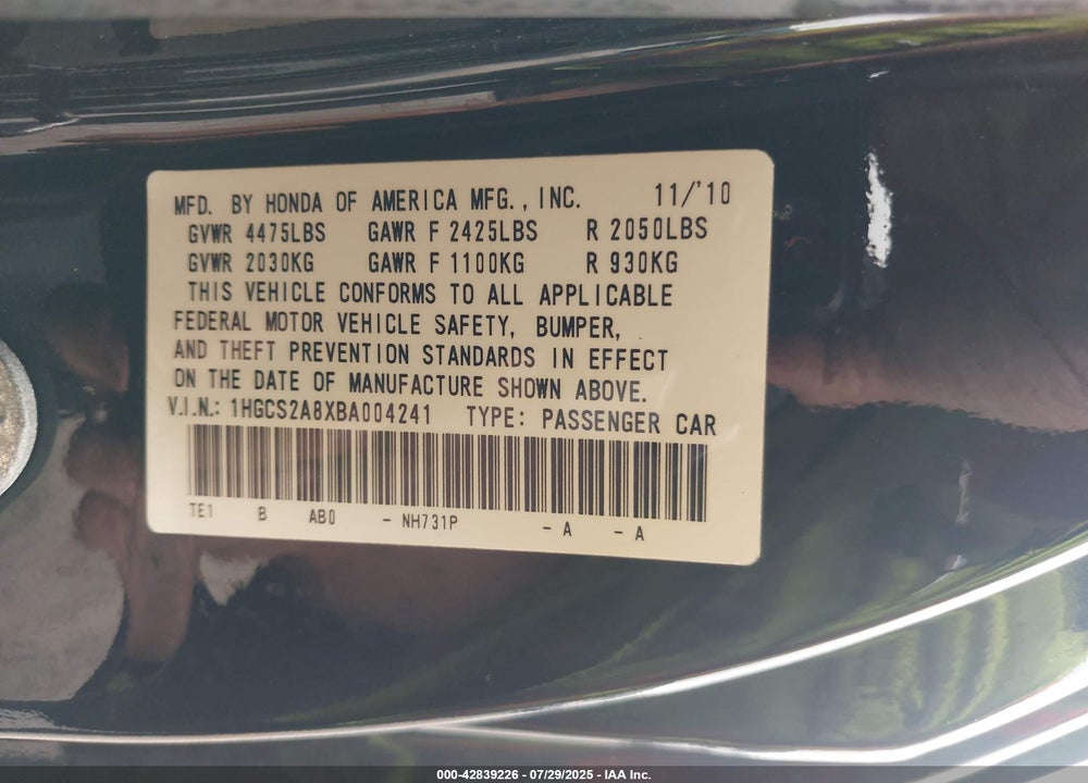 2011 HONDA ACCORD VIN: 1HGCS2A8XBA004241