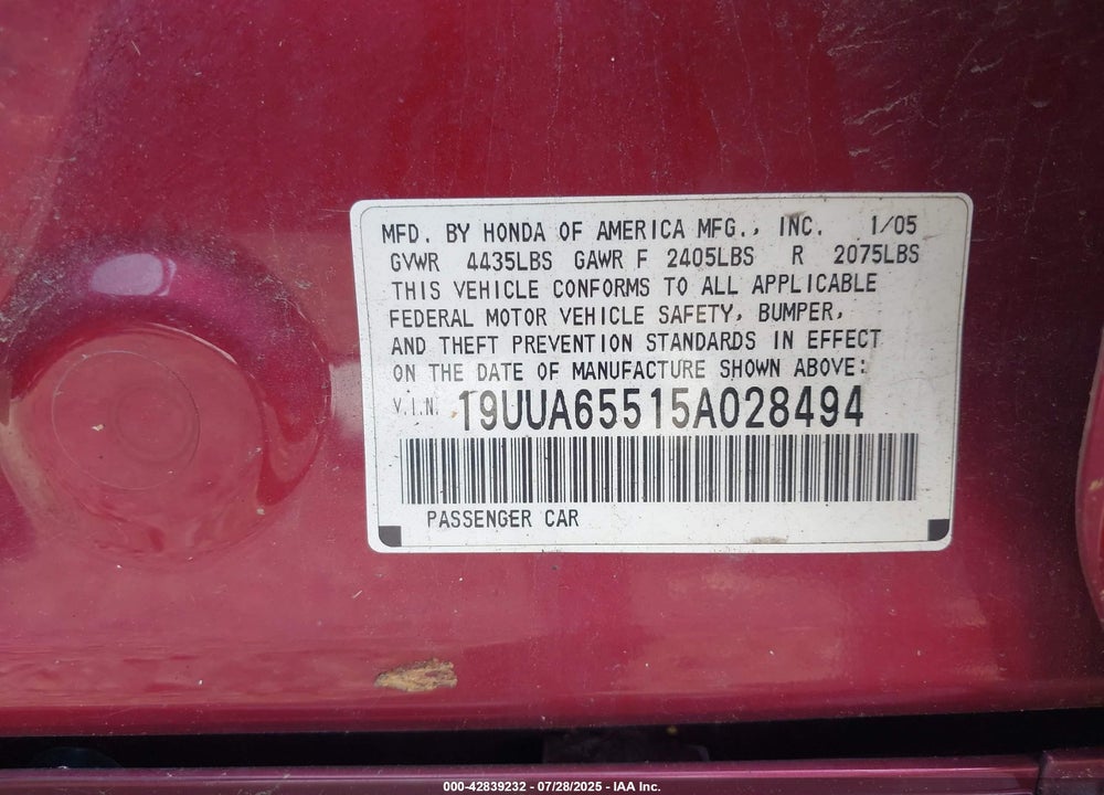 2005 ACURA TL VIN: 19UUA65515A028494