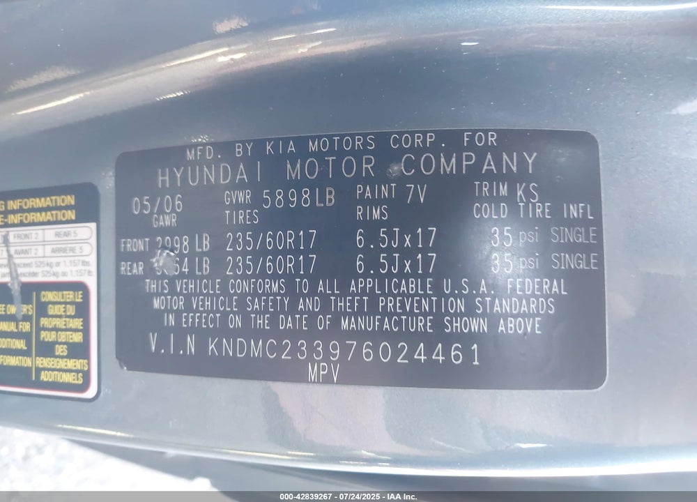 2007 HYUNDAI ENTOURAGE VIN: KNDMC233976024461