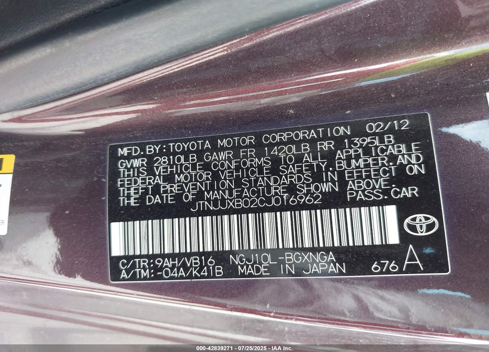 2012 SCION IQ VIN: JTNJJXB02CJ016962