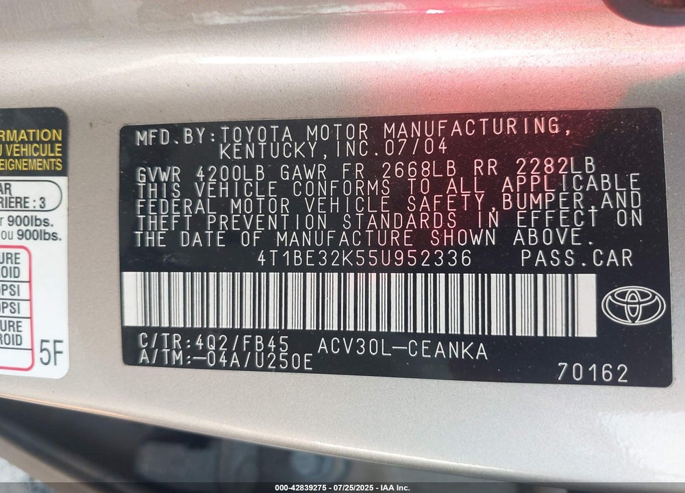 2005 TOYOTA CAMRY VIN: 4T1BE32K55U952336