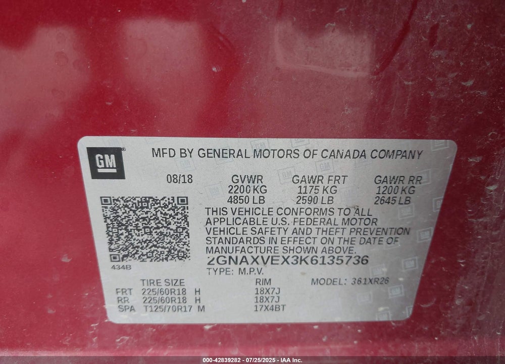 2019 CHEVROLET EQUINOX VIN: 2GNAXVEX3K6135736