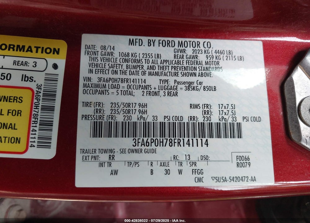 2015 FORD FUSION VIN: 3FA6P0H78FR141114