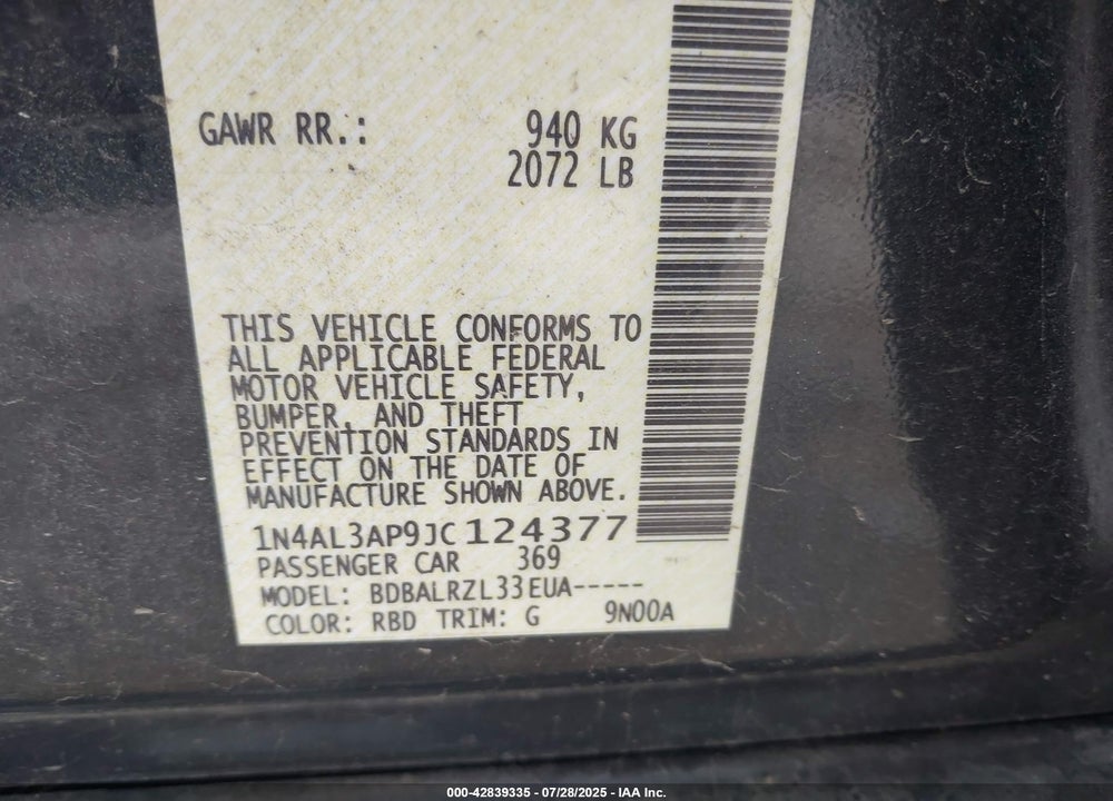 2018 NISSAN ALTIMA VIN: 1N4AL3AP9JC124377