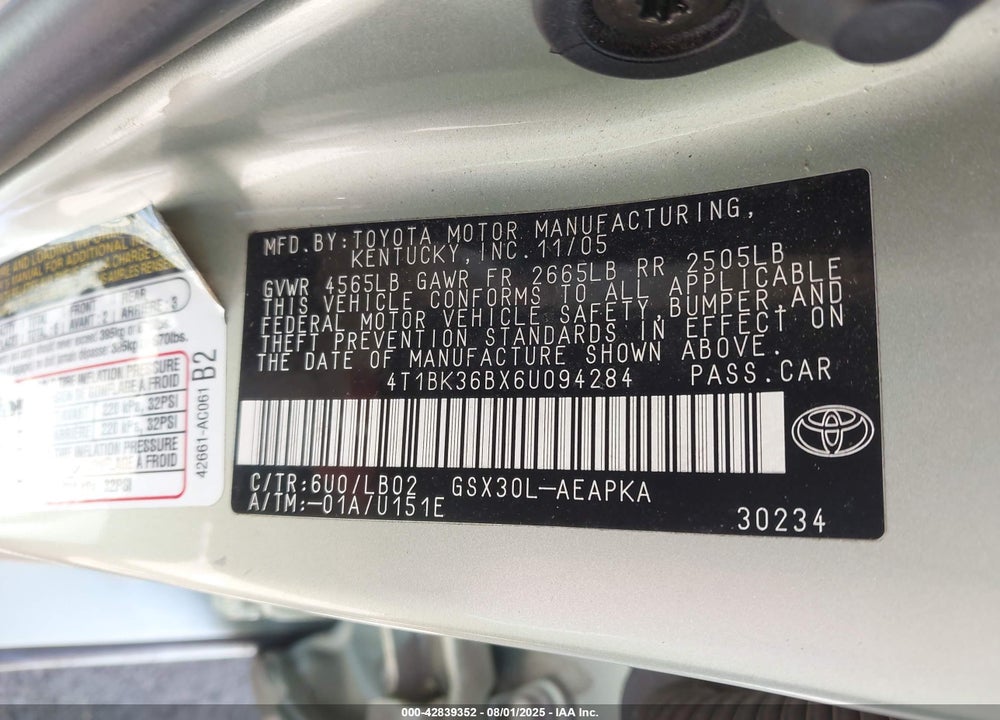2006 TOYOTA AVALON VIN: 4T1BK36BX6U094284