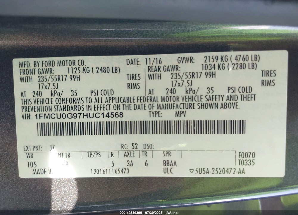 2017 FORD ESCAPE SE VIN: 1FMCU0G97HUC14568