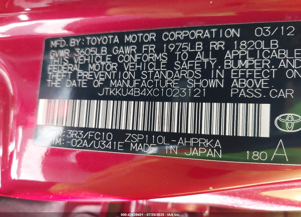 2012 SCION XD VIN: JTKKU4B4XC1023121