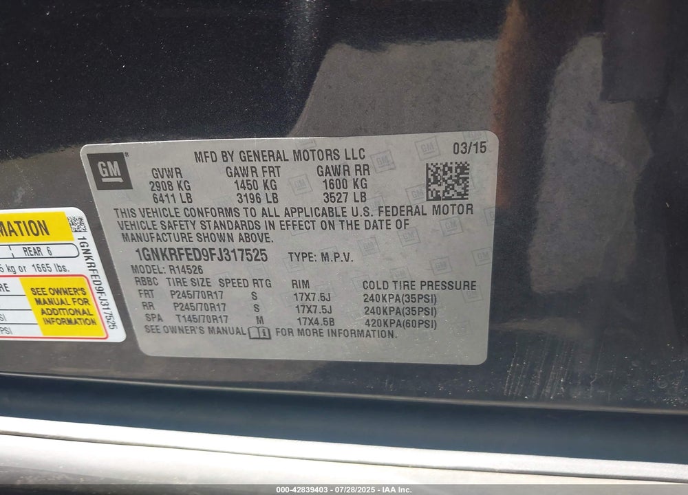 2015 CHEVROLET TRAVERSE VIN: 1GNKRFED9FJ317525