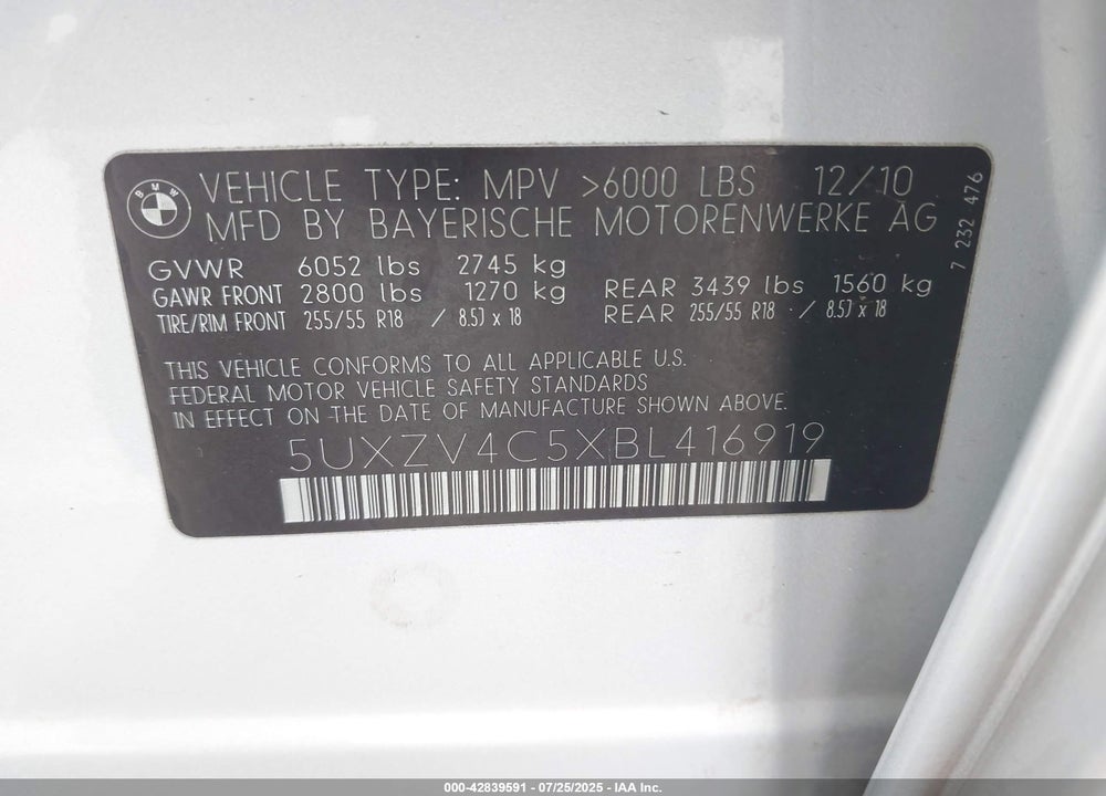 2011 BMW X5 VIN: 5UXZV4C5XBL416919