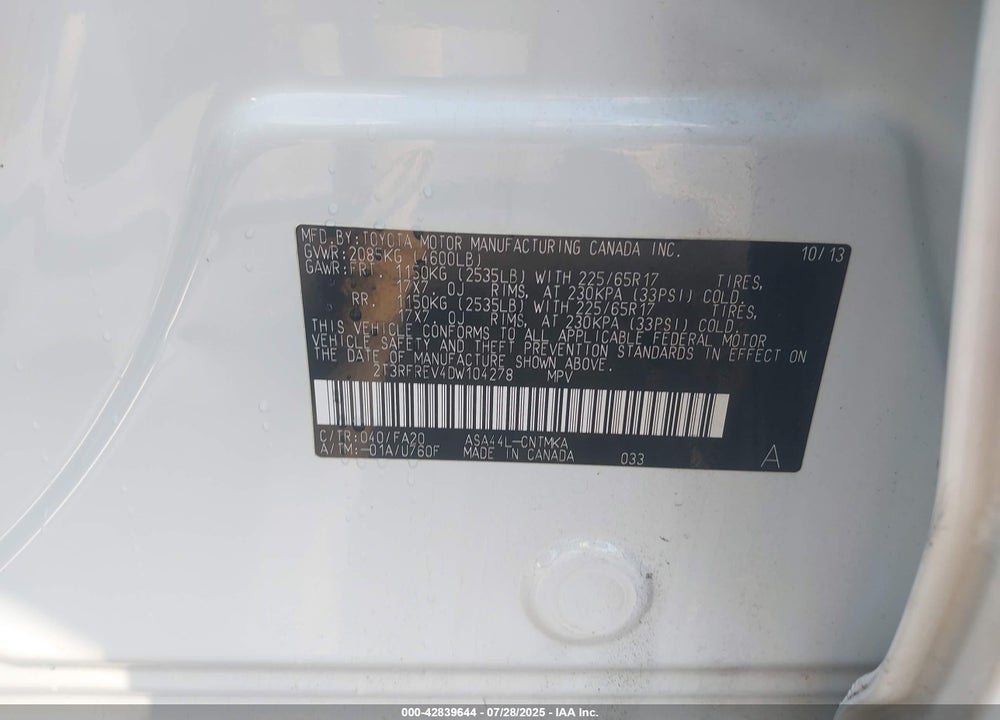 2013 TOYOTA RAV4 VIN: 2T3RFREV4DW104278