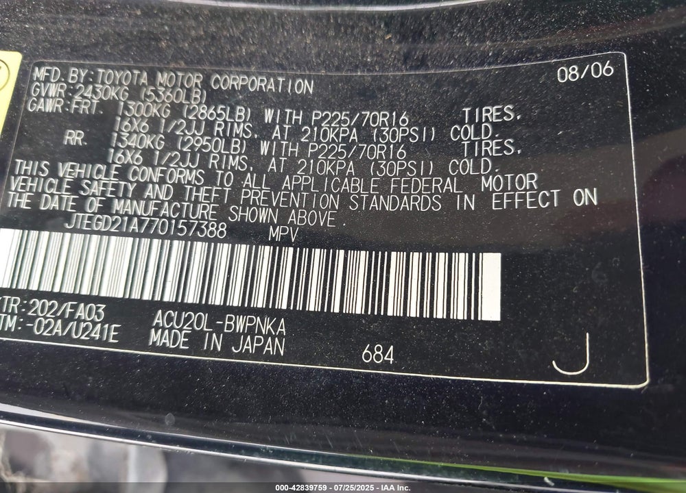 2007 TOYOTA HIGHLANDER VIN: JTEGD21A770157388