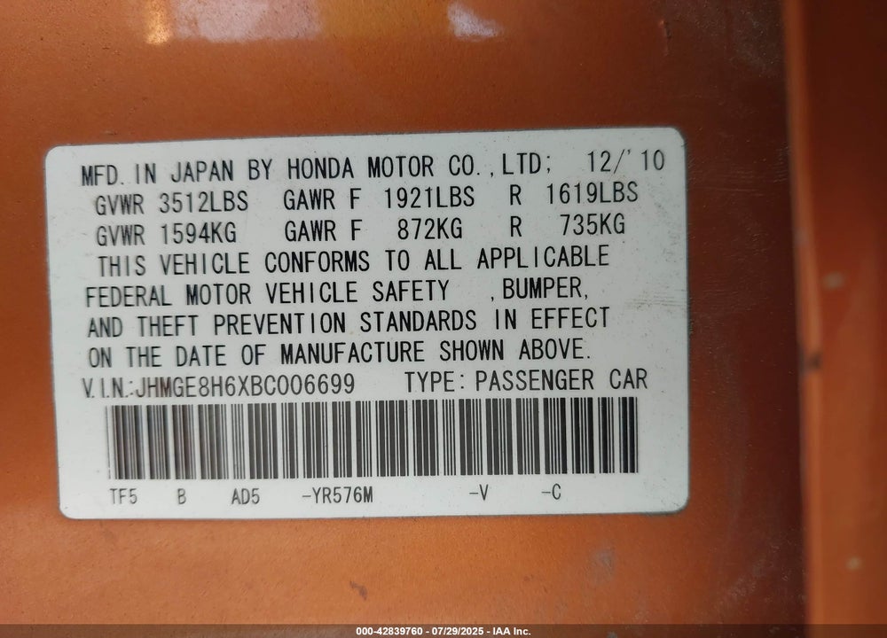 2011 HONDA FIT VIN: JHMGE8H6XBC006699
