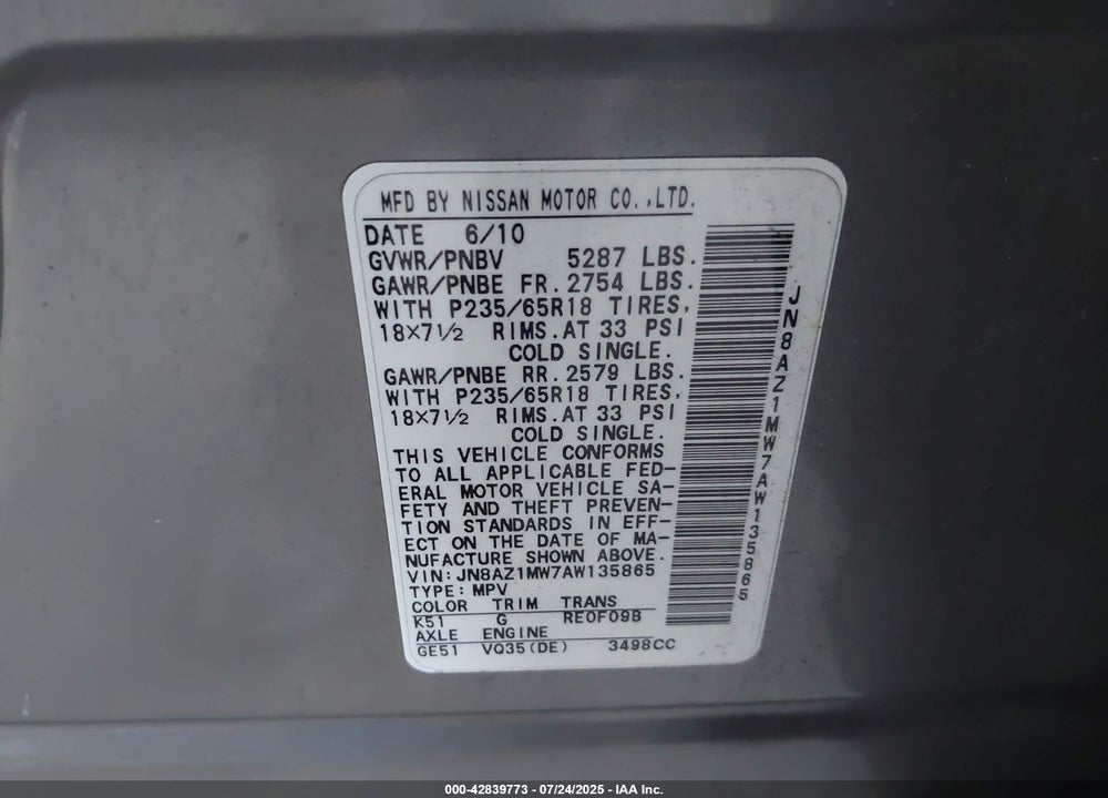 2010 NISSAN MURANO VIN: JN8AZ1MW7AW135865