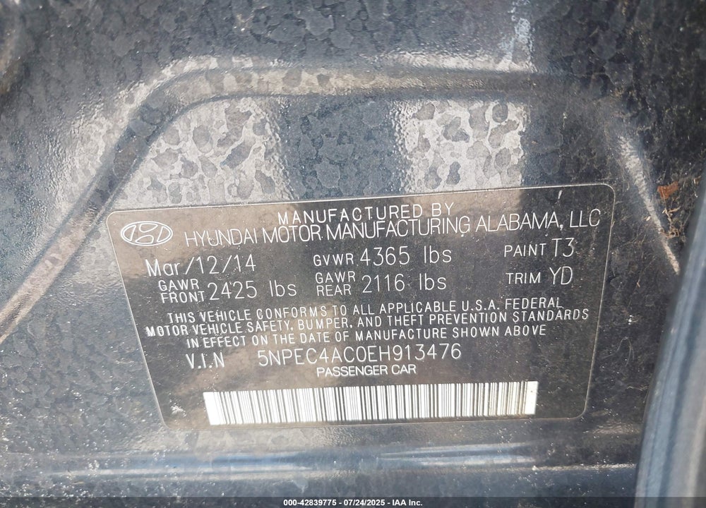 2014 HYUNDAI SONATA VIN: 5NPEC4AC0EH913476