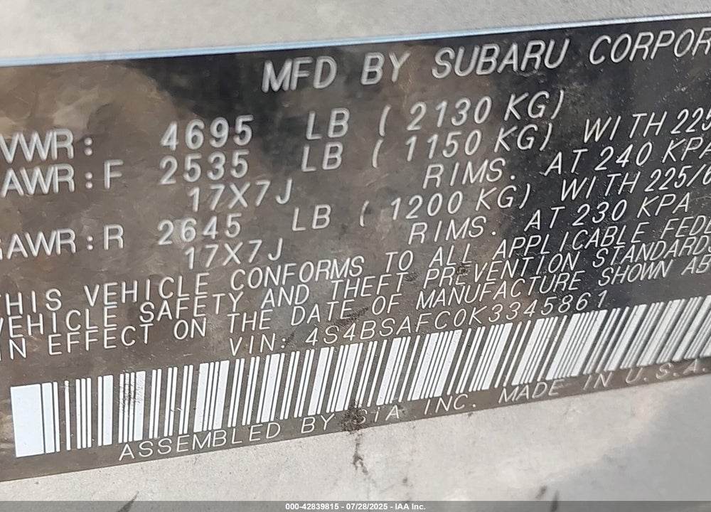 2019 SUBARU OUTBACK 2.5I PREMIUM VIN: 4S4BSAFC0K3345861