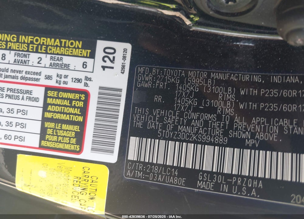2019 TOYOTA SIENNA XLE 8 PASSENGER VIN: 5TDYZ3DC2KS994889