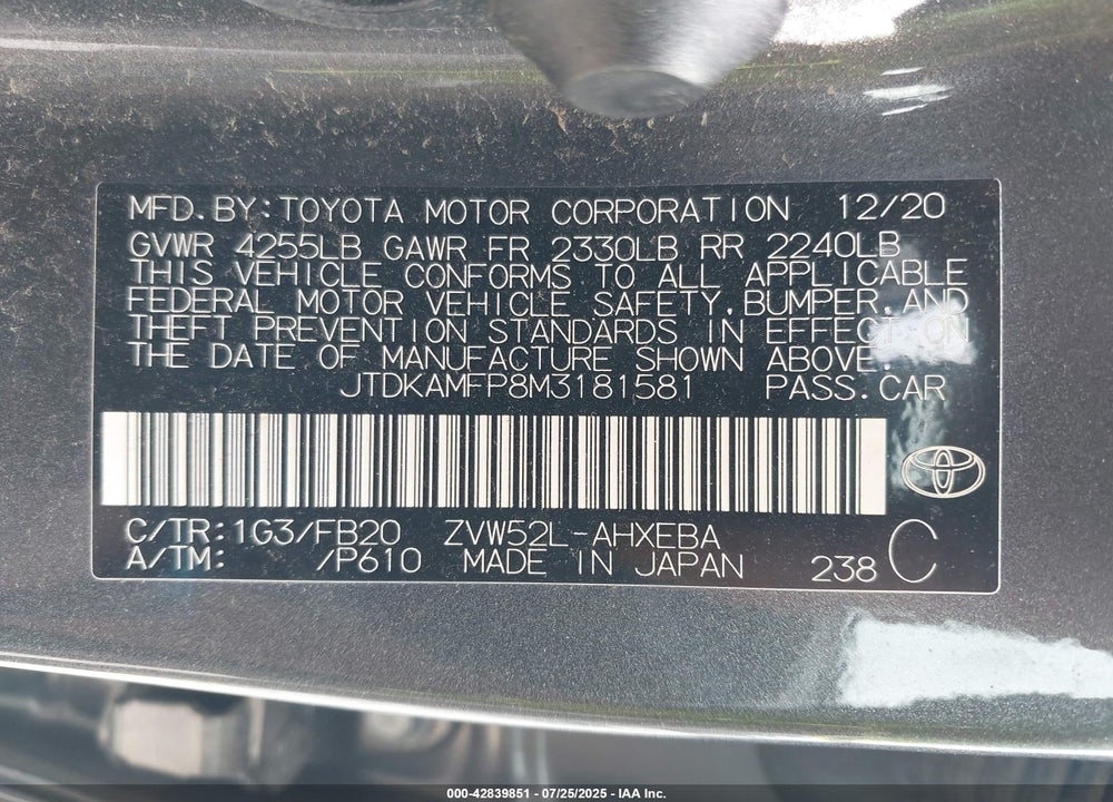 2021 TOYOTA PRIUS PRIME VIN: JTDKAMFP8M3181581