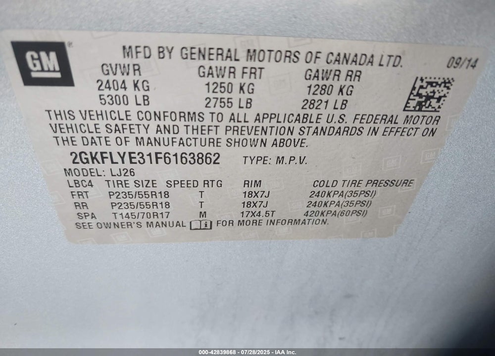 2015 GMC TERRAIN VIN: 2GKFLYE31F6163862