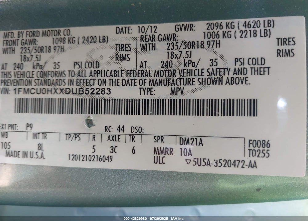 2013 FORD ESCAPE VIN: 1FMCU0HXXDUB52283
