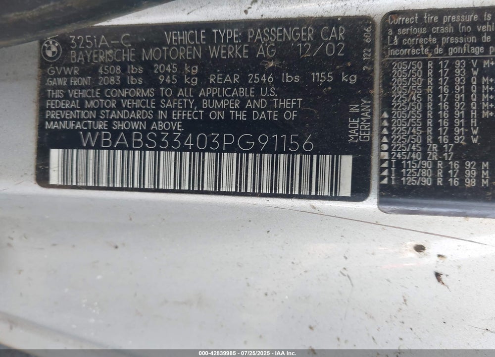 2003 BMW 325CI VIN: WBABS33403PG91156