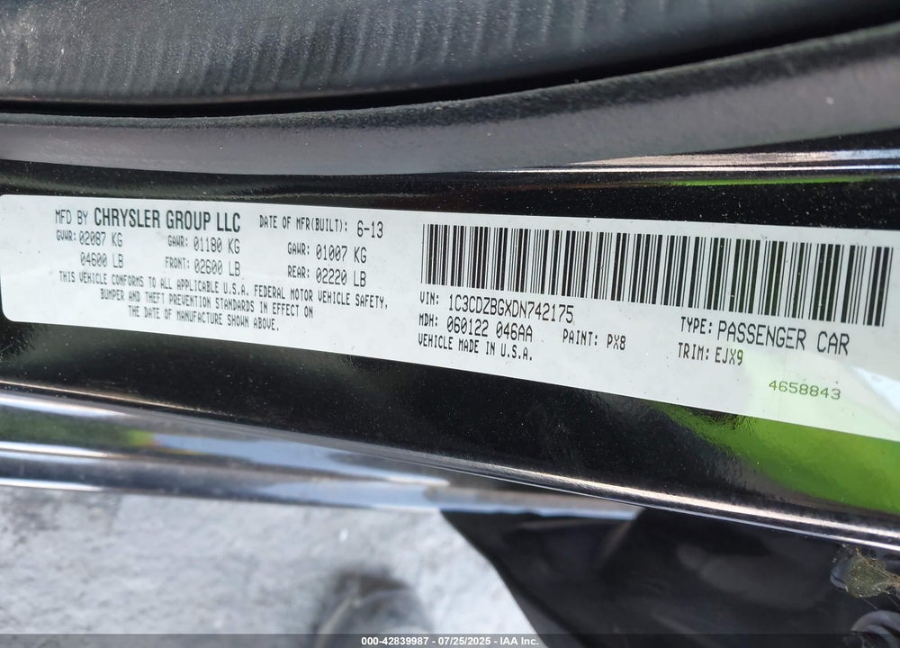 2013 DODGE AVENGER VIN: 1C3CDZBGXDN742175